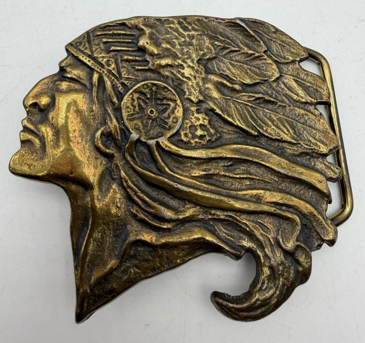 Vintage 70s Belt Buckle CHIEF Native American INDIAN HEAD Cowboy Western Brass