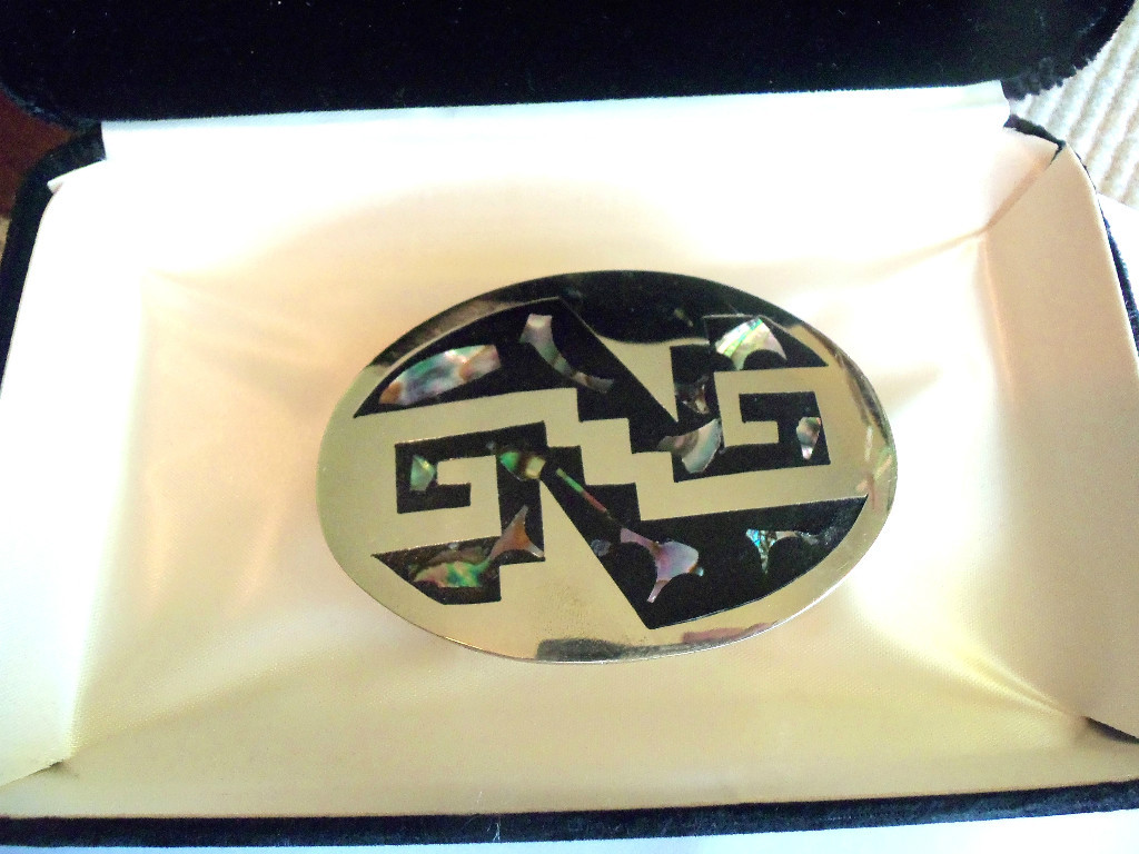 MEXICO Signed ABALONE MOTHER OF PEARL OVAL BELT BUCKLE VINTAGE