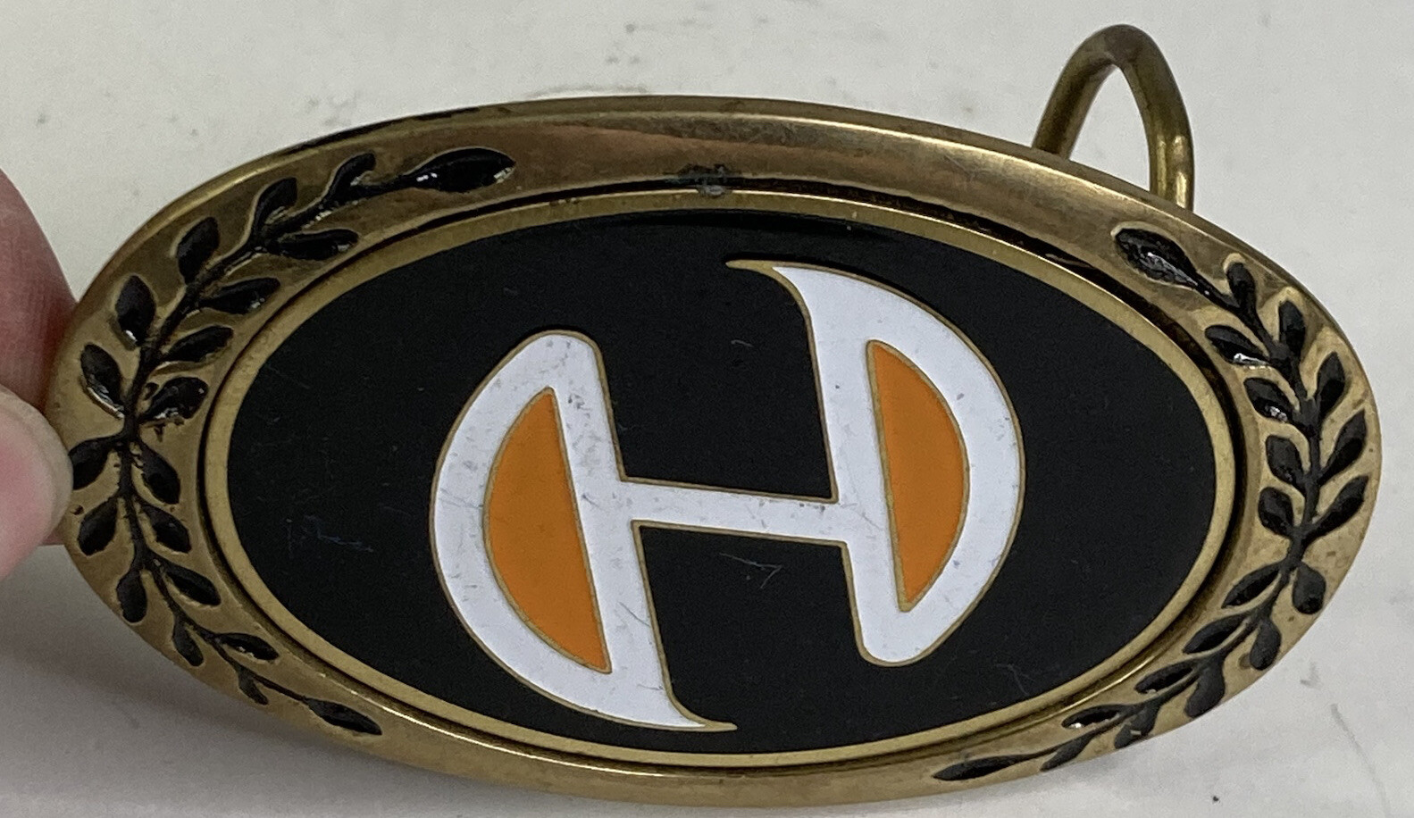 Vintage Solid Brass Black White & Orange 3” Oval Belt Buckle