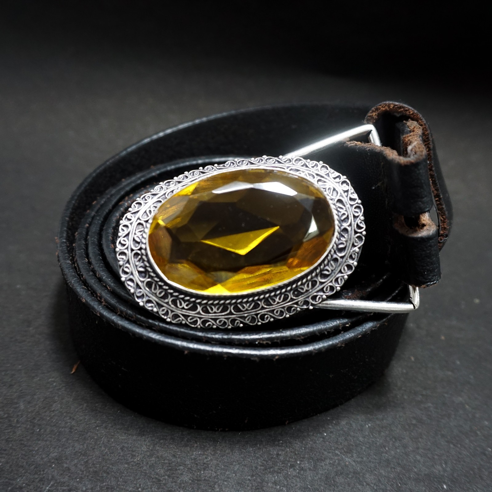 Handcrafted 925 Sterling Silver Citrine Quartz Faceted Oval Belt Buckle