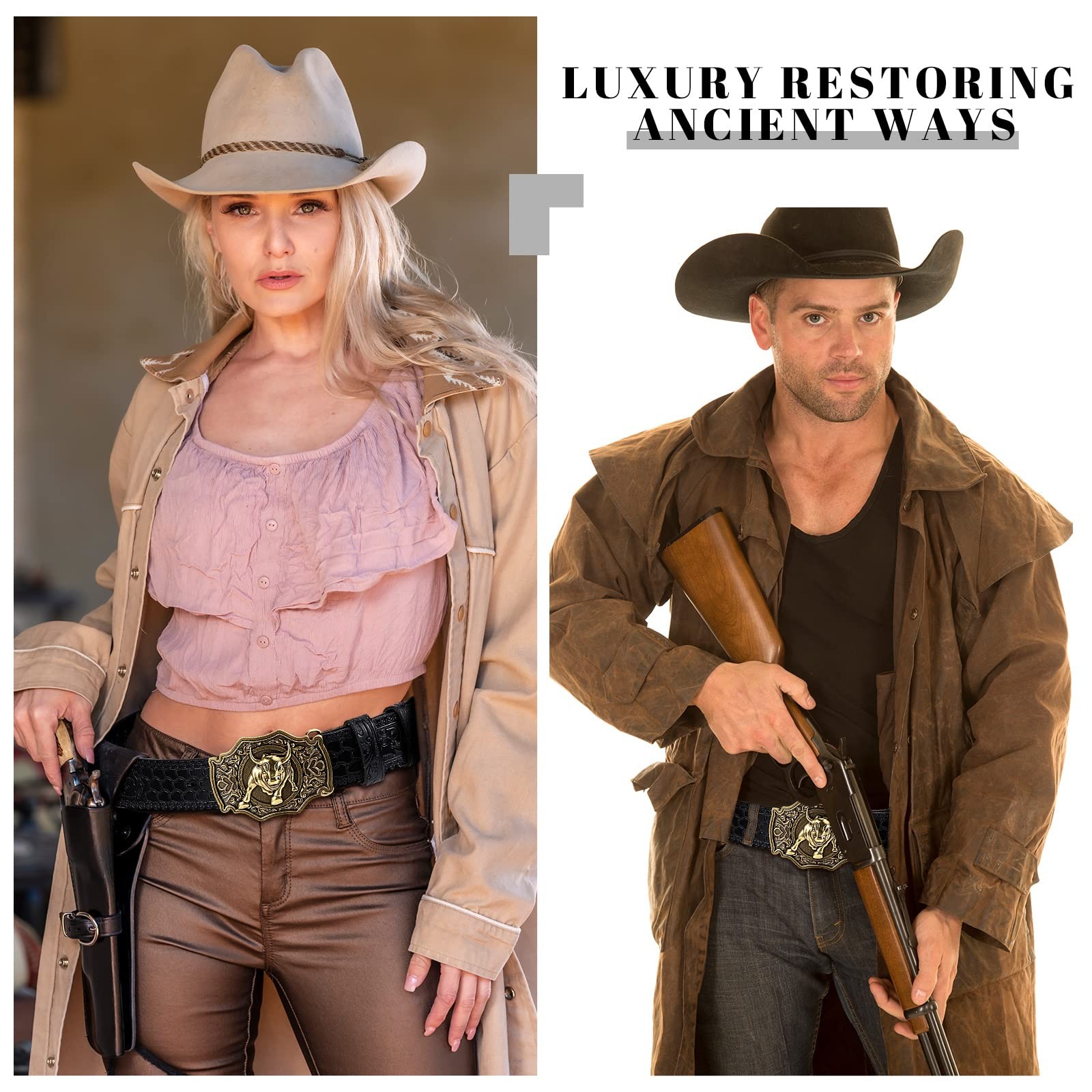 Western Belt Leather Belt with Buckle Cowboy Buckle Belt with Longhorn S…