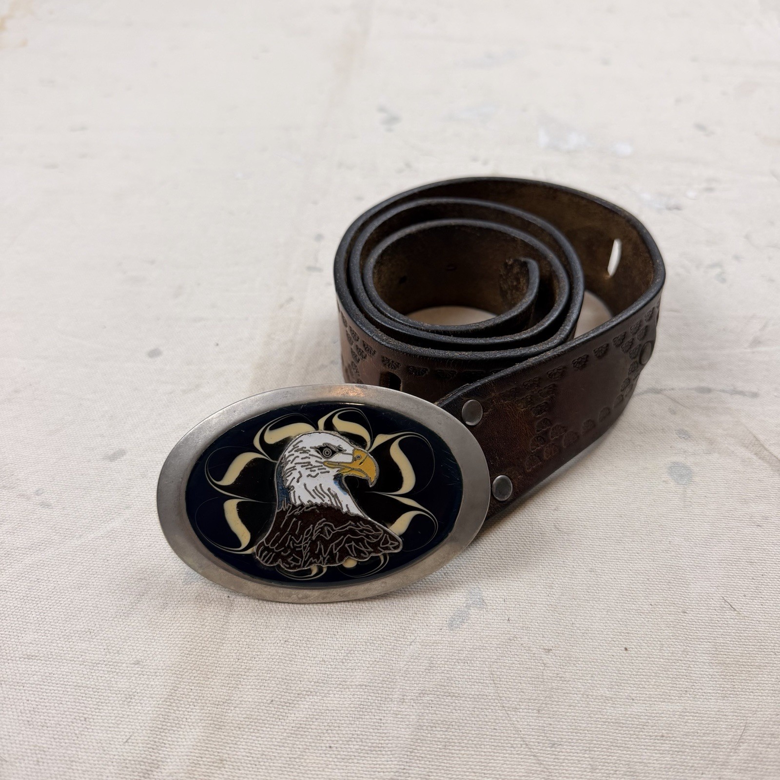 Vintage 50s 1960s Bald Eagle Blue Swirl Inlay Enamel Silver Men’s Belt Buckle