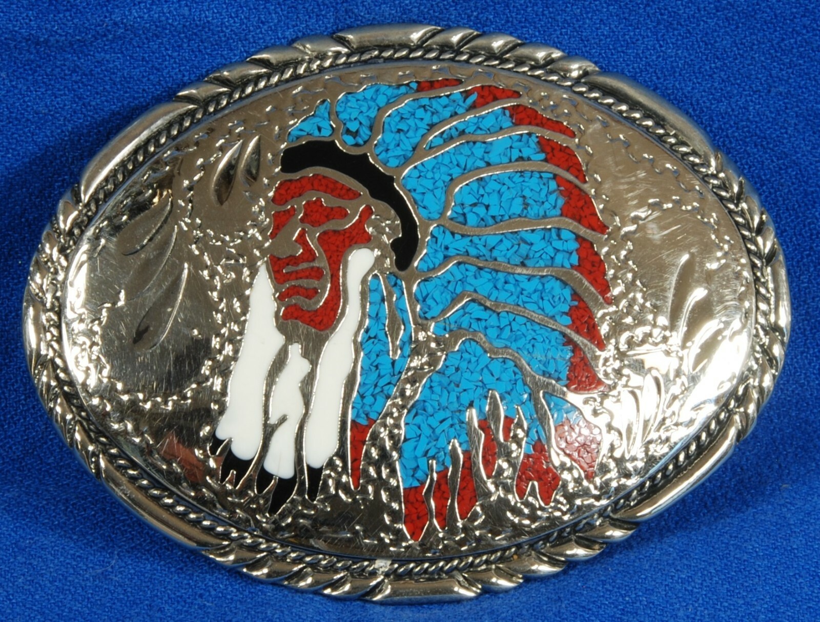 Vintage c 1988 Native American War Bonnet Belt Buckle | Inlaid Turquoise & Coral