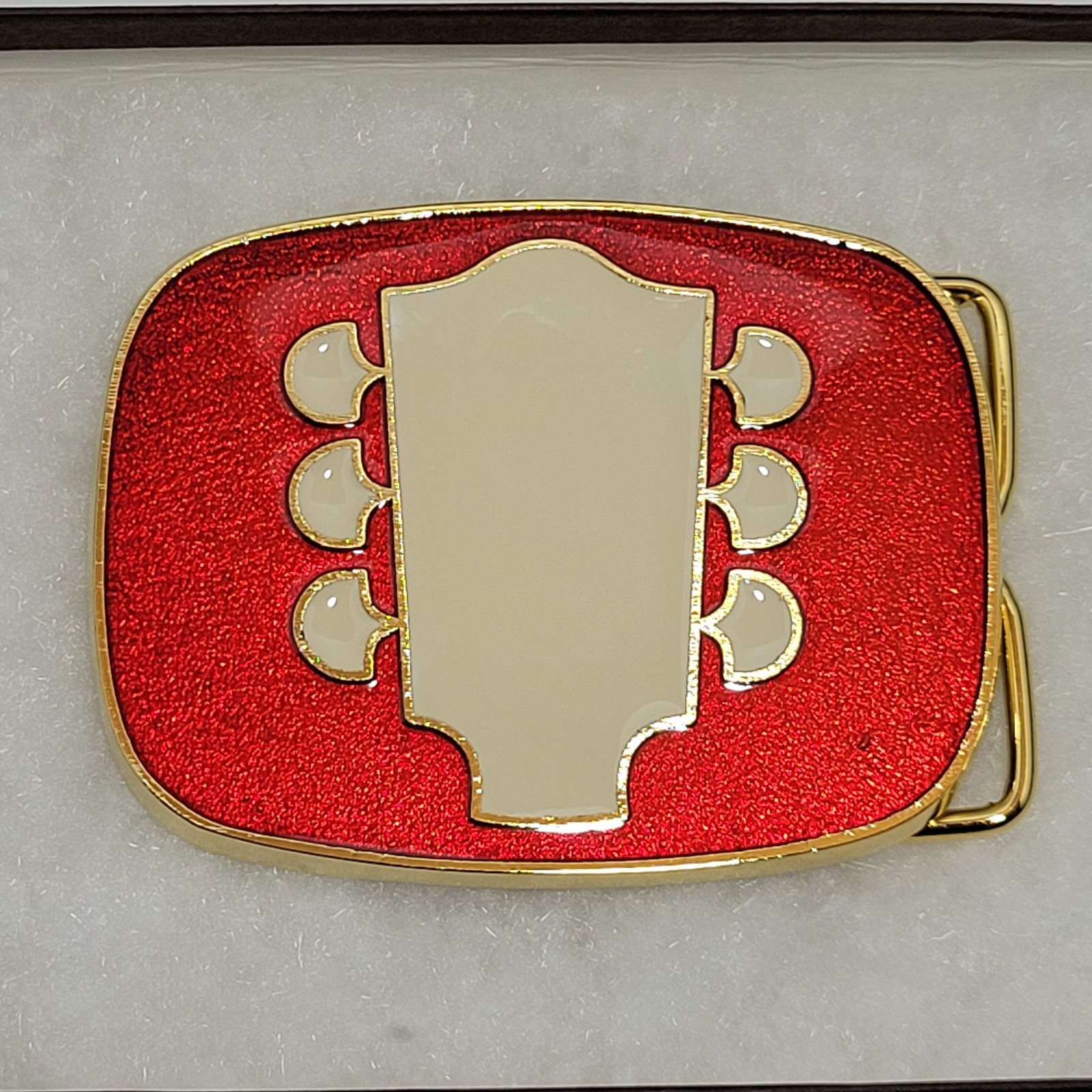 Vintage Headstock Belt Buckle TNN Red Enamel Gold Tone Retro Guitar Country 80s