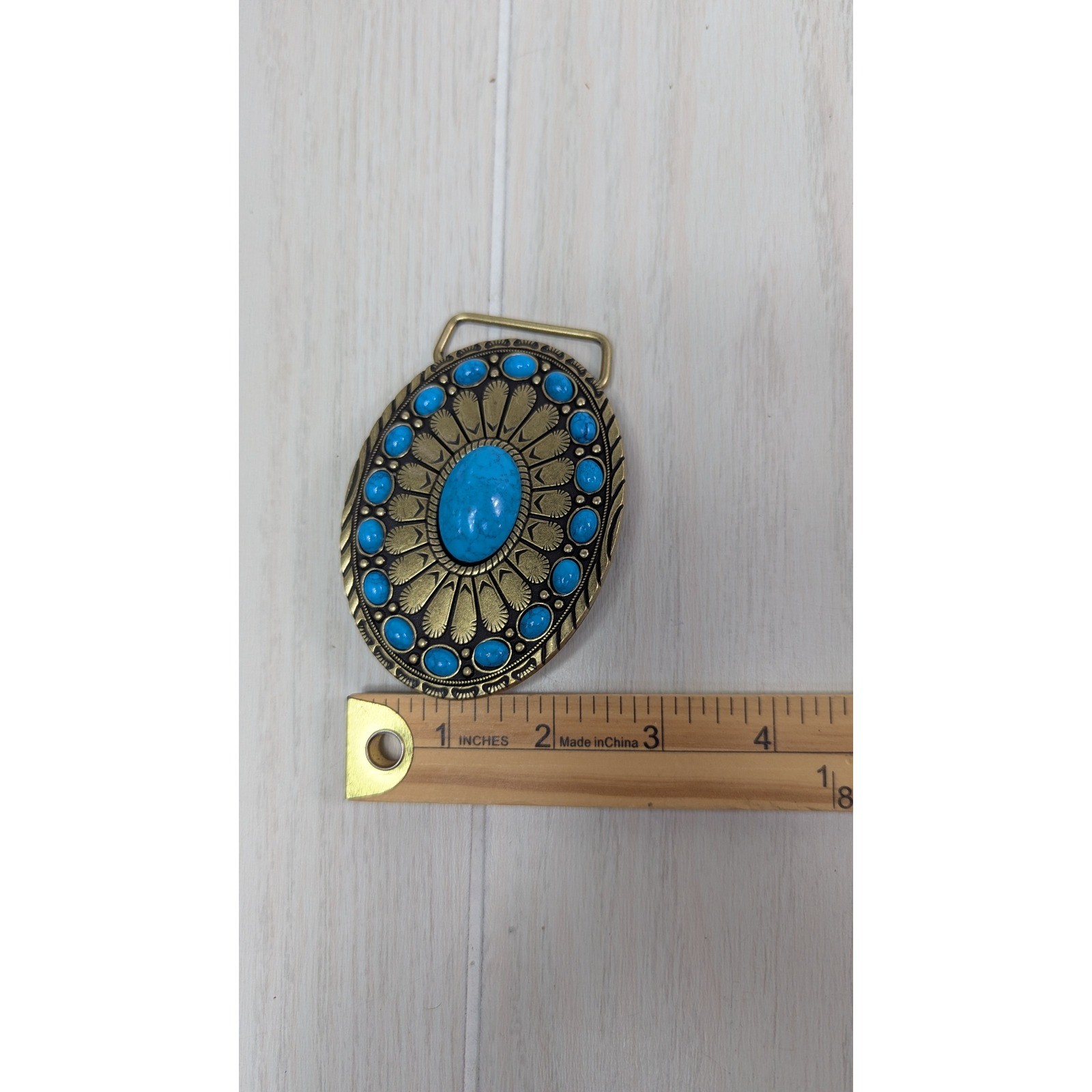 Belt Buckle Blue Faux Turquoise Western Oval Antiqued Gold Tone