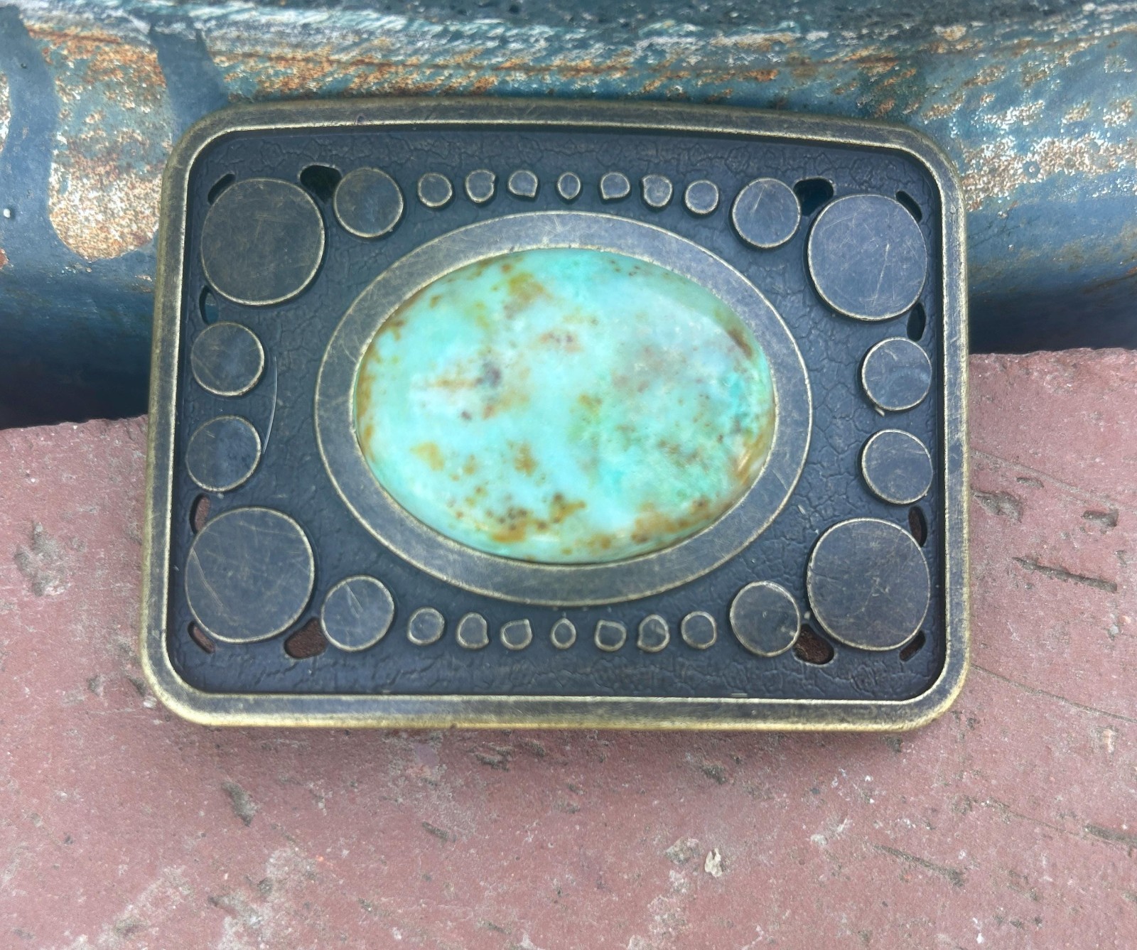 Vintage Teal Stone Belt Buckle Antique Gold Bronze Brass Turquoise Agate Inlay