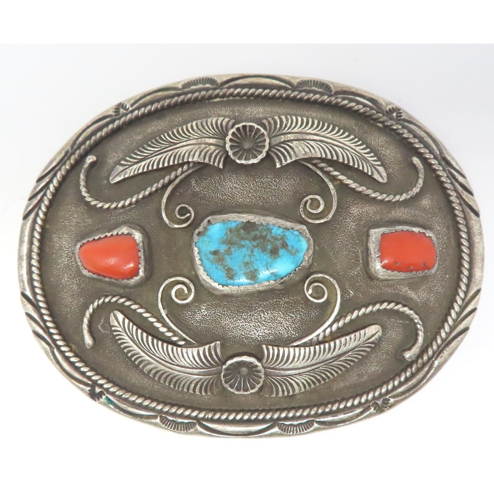 Al Joe Navajo Sterling Silver Turquoise Coral Belt Buckle Signed Artisan 76g