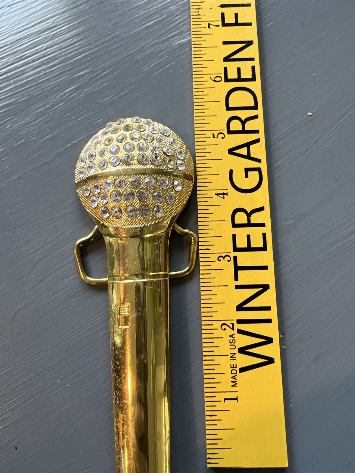 MICROPHONE MUSIC BELT BUCKLE Gold Tone Rhinestones Hand Held NOS Rock & Roll