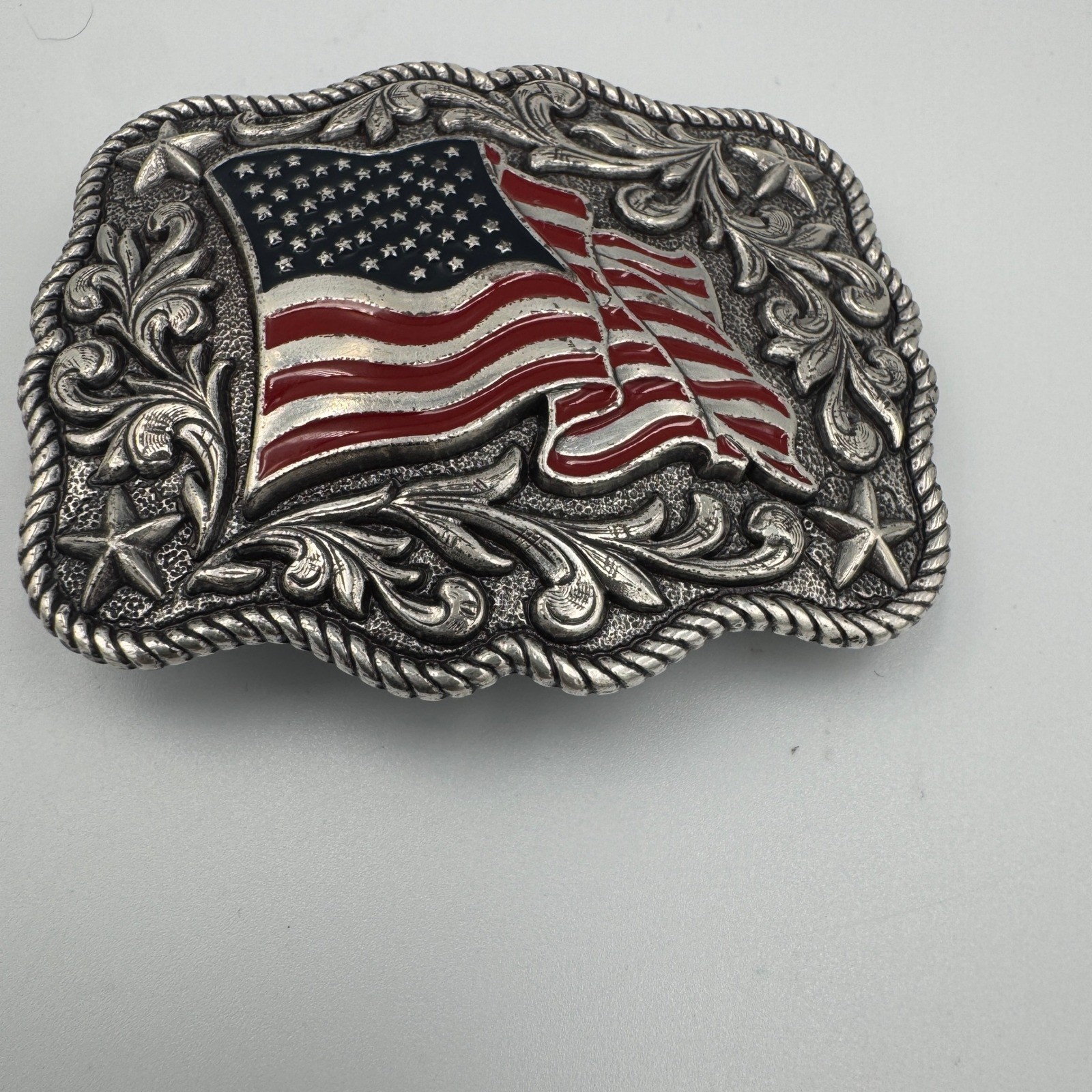 Patriotic American Flag Western Belt Buckle Silver Tone Red Blue Enamel Stars