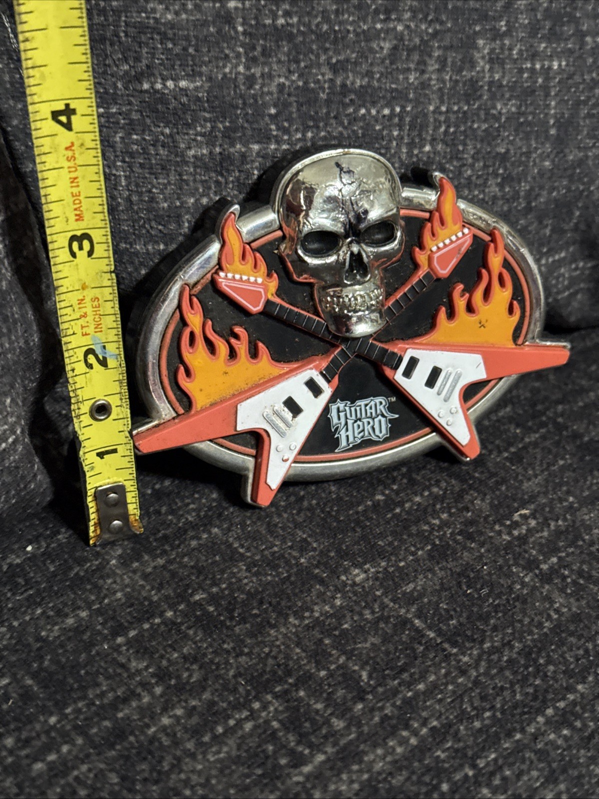 Plastic Guitar Hero Belt Buckle With Skull & Flames