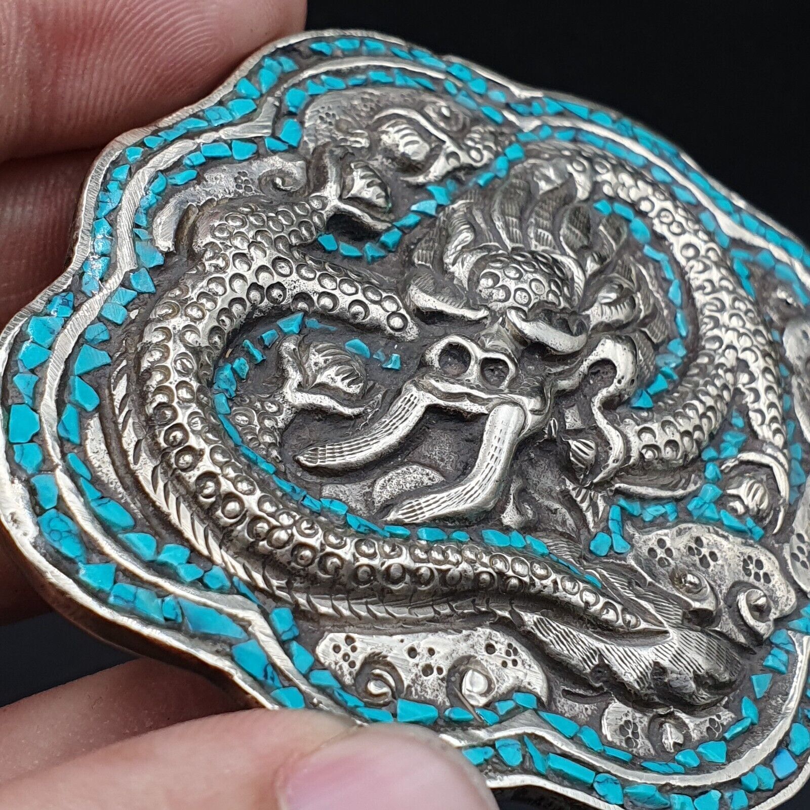 AA BIG MEN&rsquo;S VINTAGE Natural Turquoise Metal Silver Gild Engrave Dragon Belt