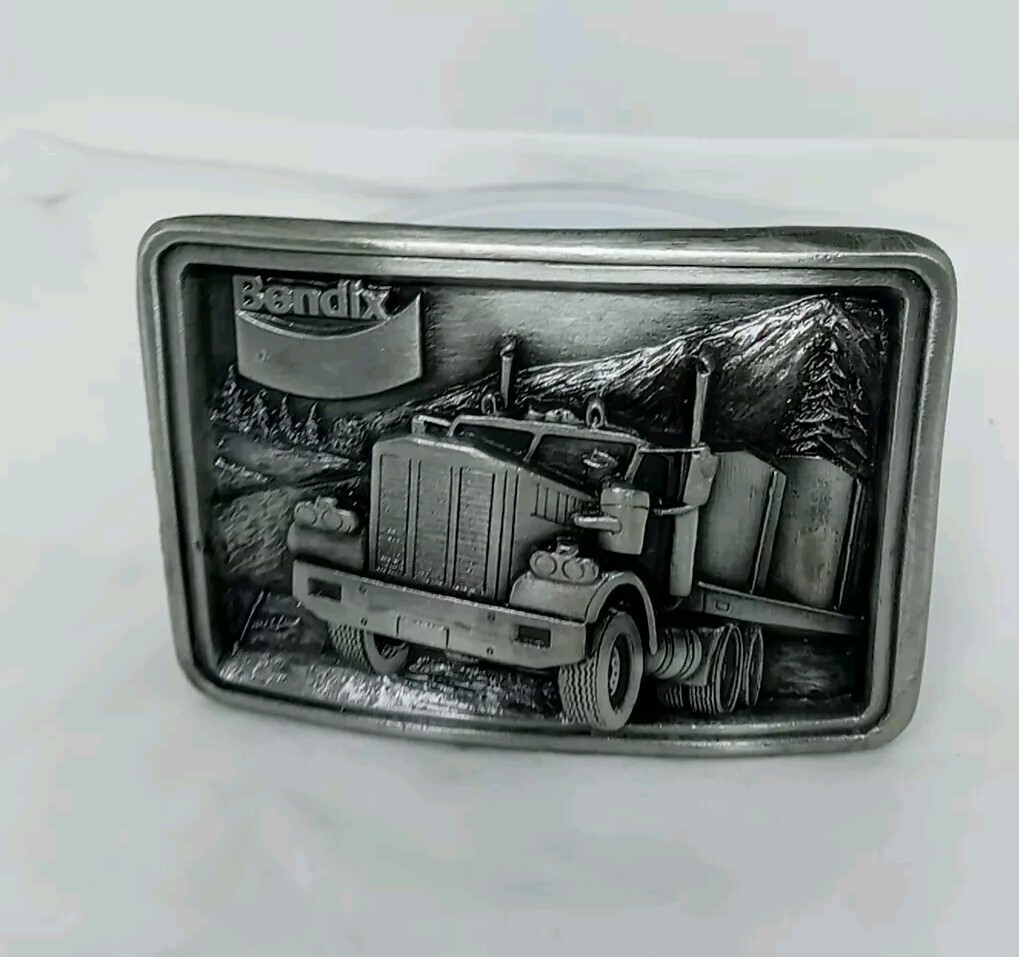 Vtg. Uniq Bendix Metal Embossed belt buckle Shaped Tractor-Trailer Truck.USA