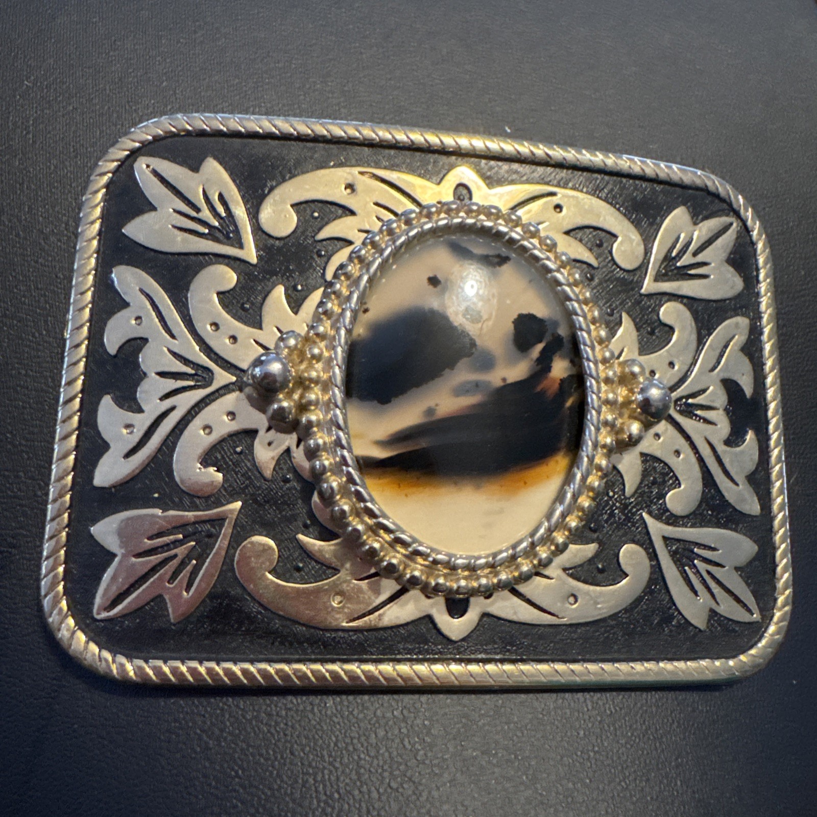 Vintage Belt Buckle Western Style Gold Ornate with Large Brown Oval Stone