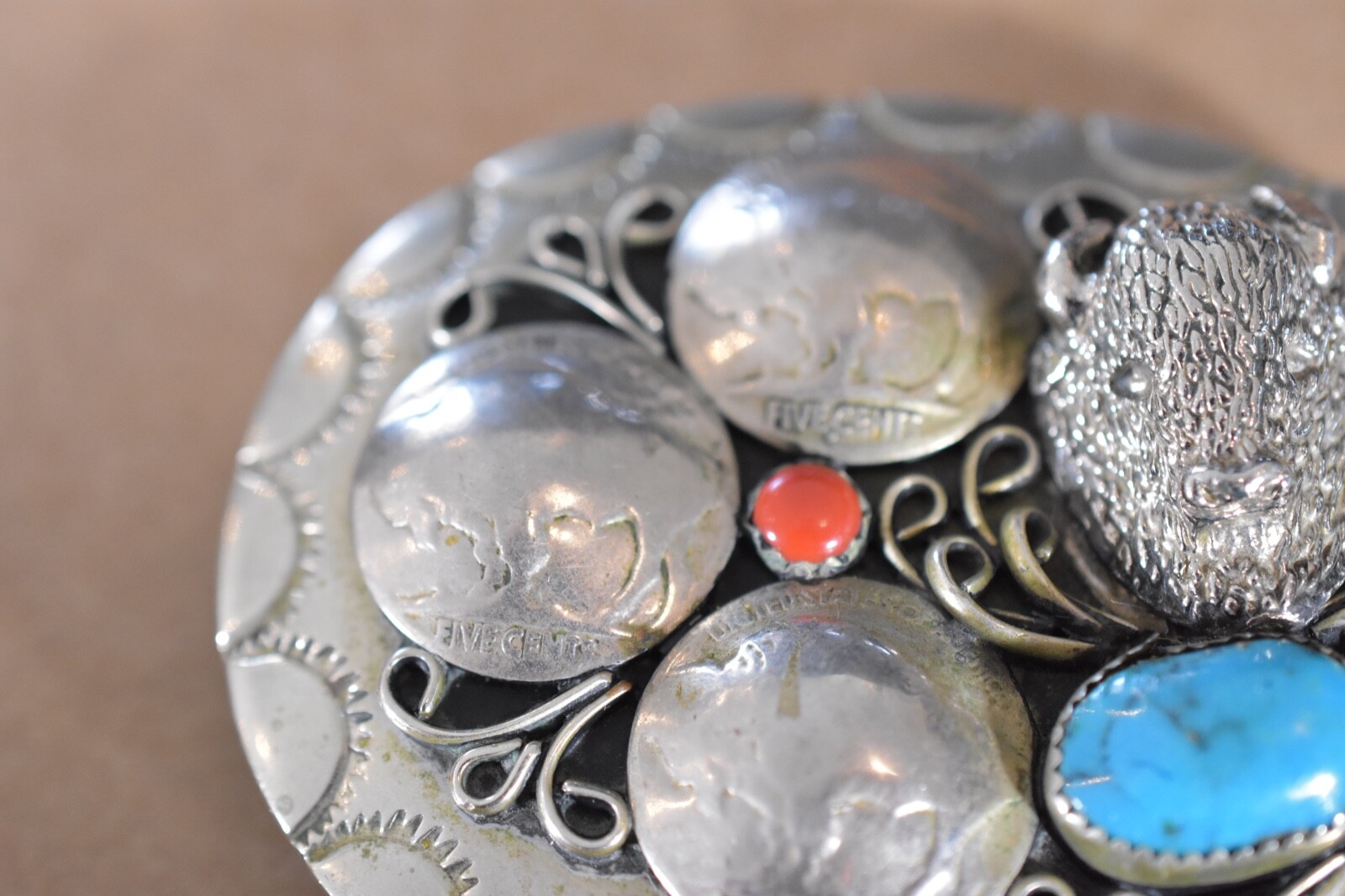 VINTAGE INDIAN BUFFALO HEAD NICKEL FIVE CENT TURQUOISE CORAL BELT BUCKLE