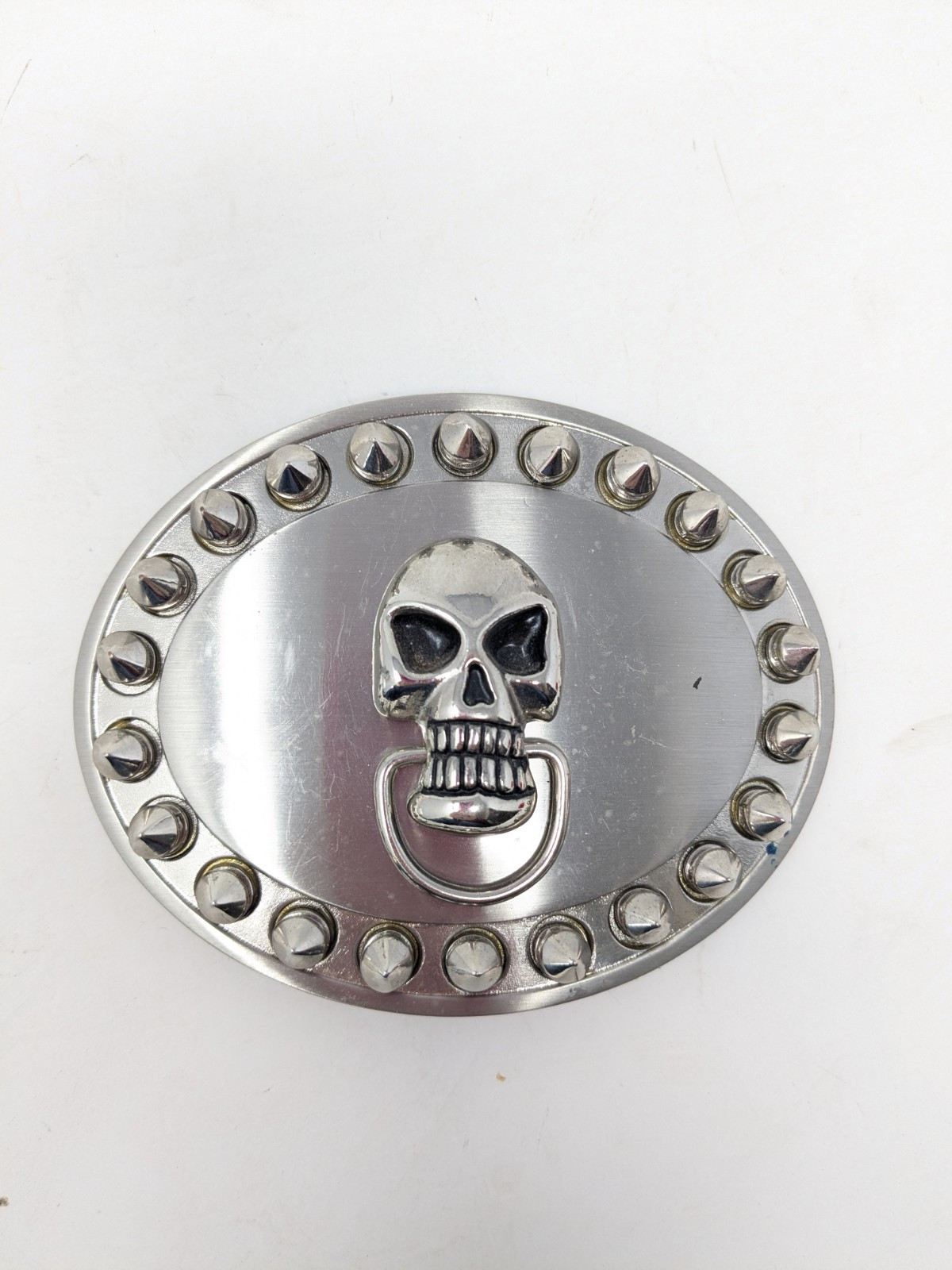 Silver Tone Oval Skull Belt Buckle With Spikes 1.5&Prime; Loop, 3.5&Prime; x 4&Prime; Goth, Biker
