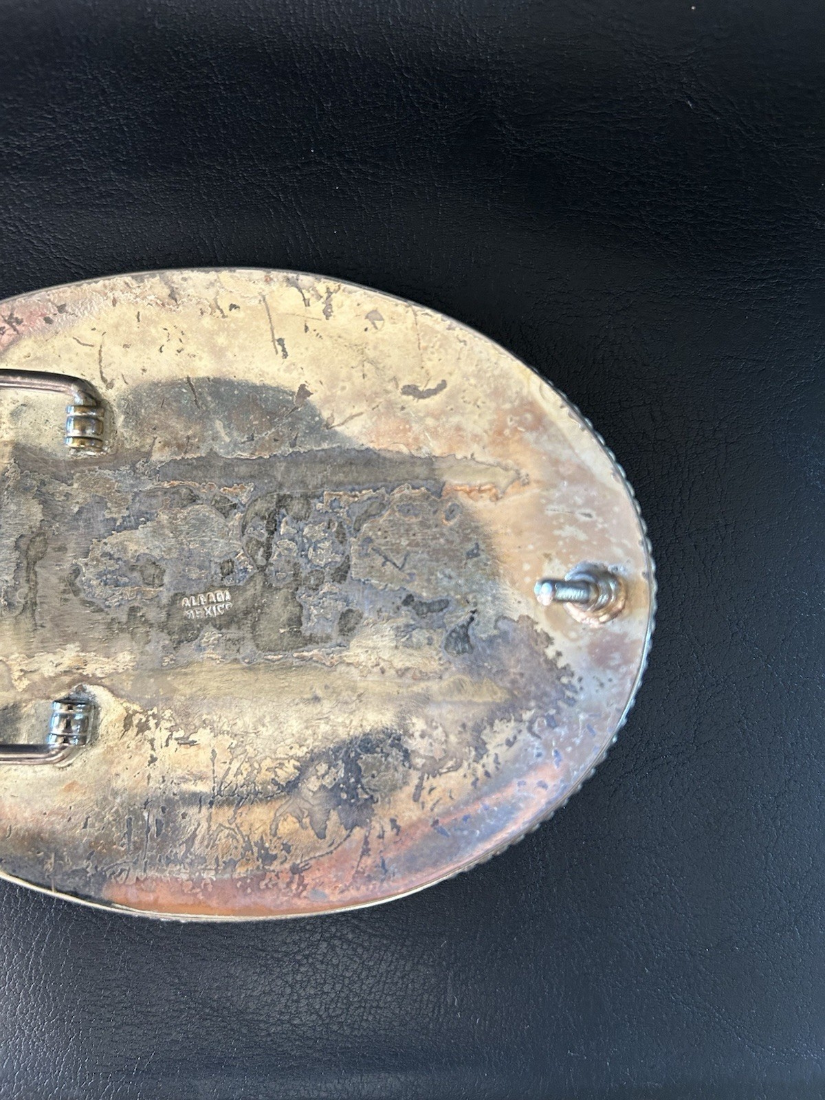 Vintage Alpaca Mexico Belt Buckle Three Horse Heads Western Filigree