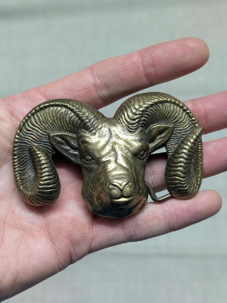 vintage 1970s belt buckle RAM longhorn SOLID BRASS mountain goat WESTERN cowboy