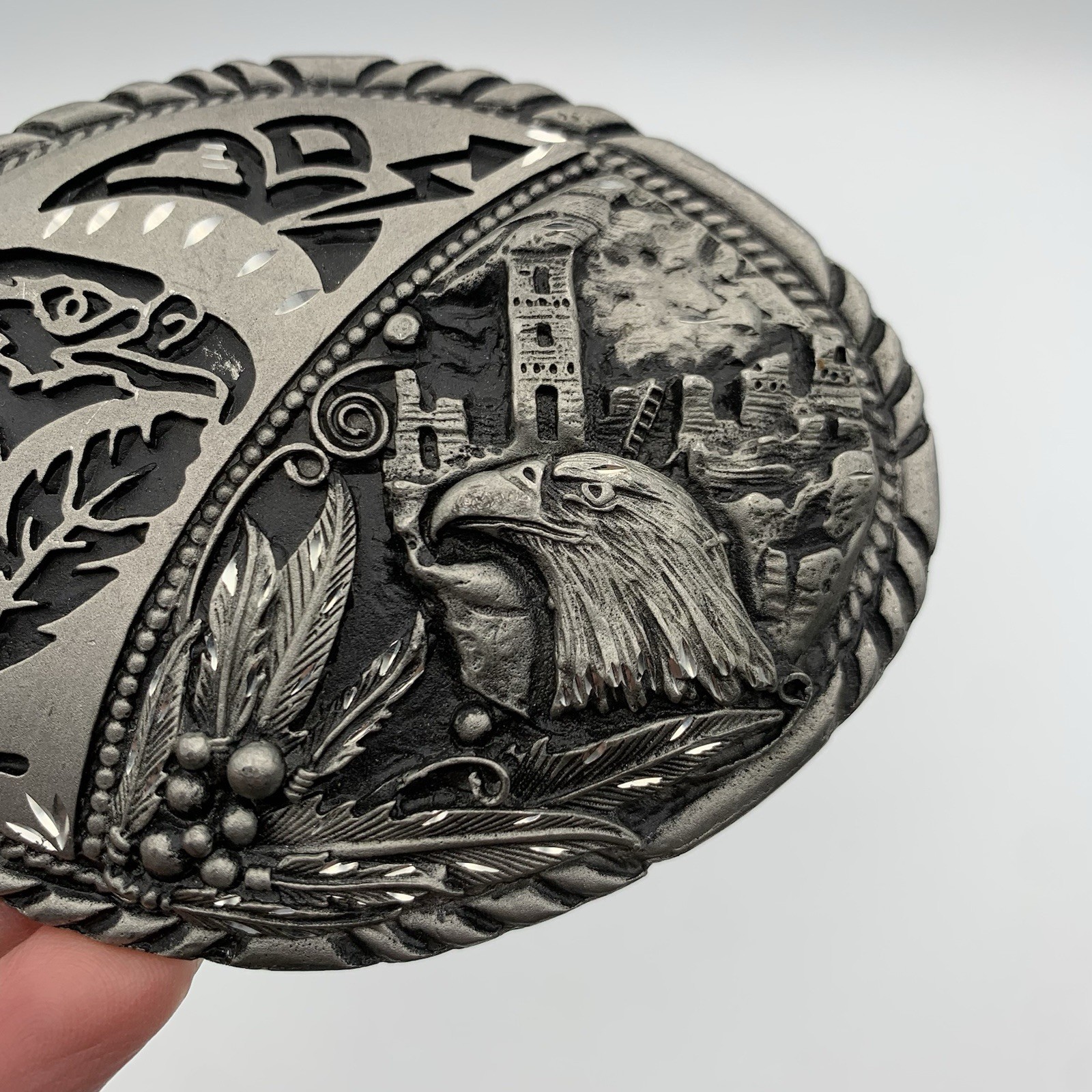 VTG SSI Handcrafted Metal Belt Buckle Southwest Eagle Rain Cloud Fathers 4&Prime; USA