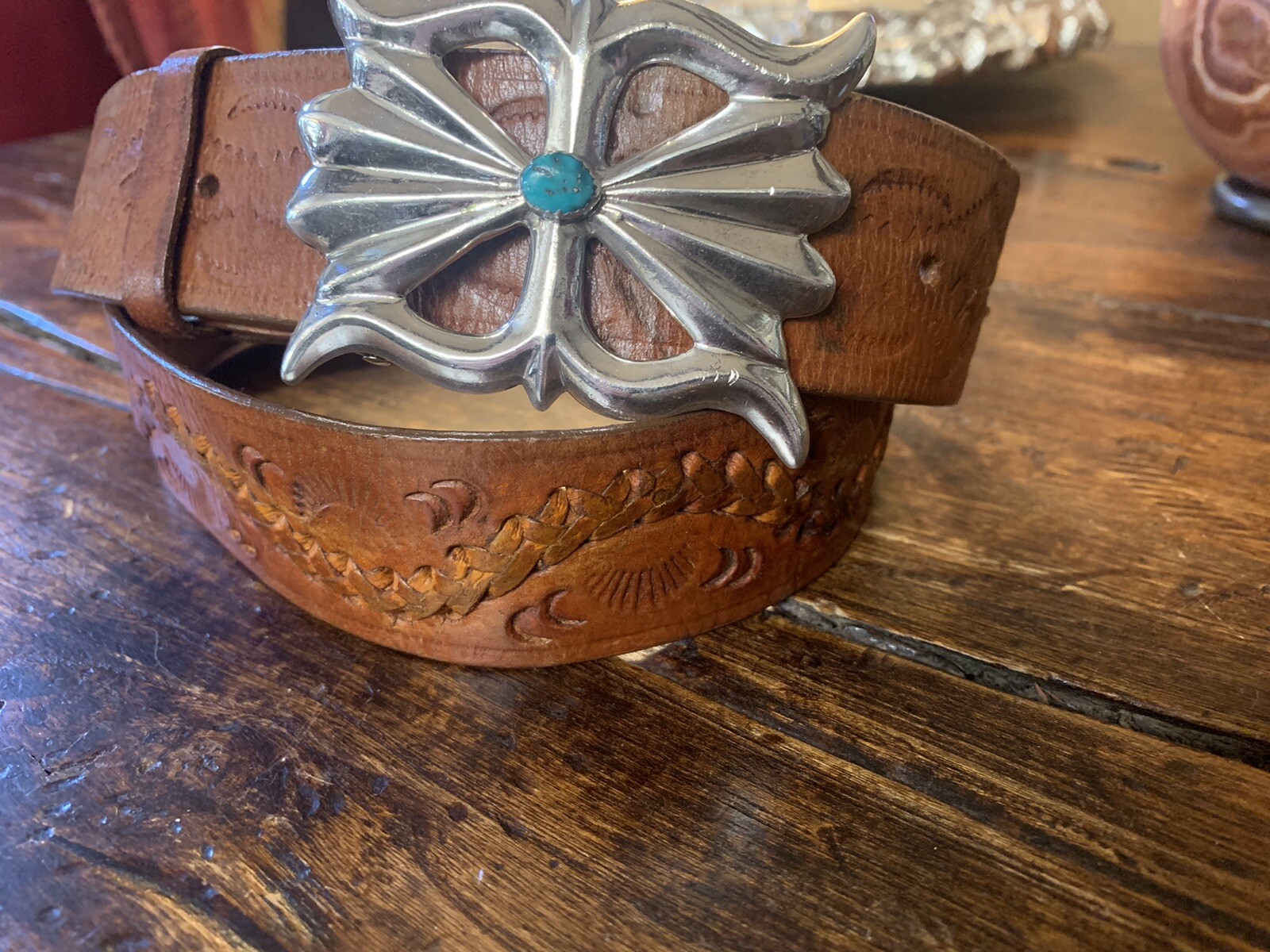 Navajo James Reid Style Sterling silver turquoise￼ Buckle￼ 33-35-1.5”🐂✅