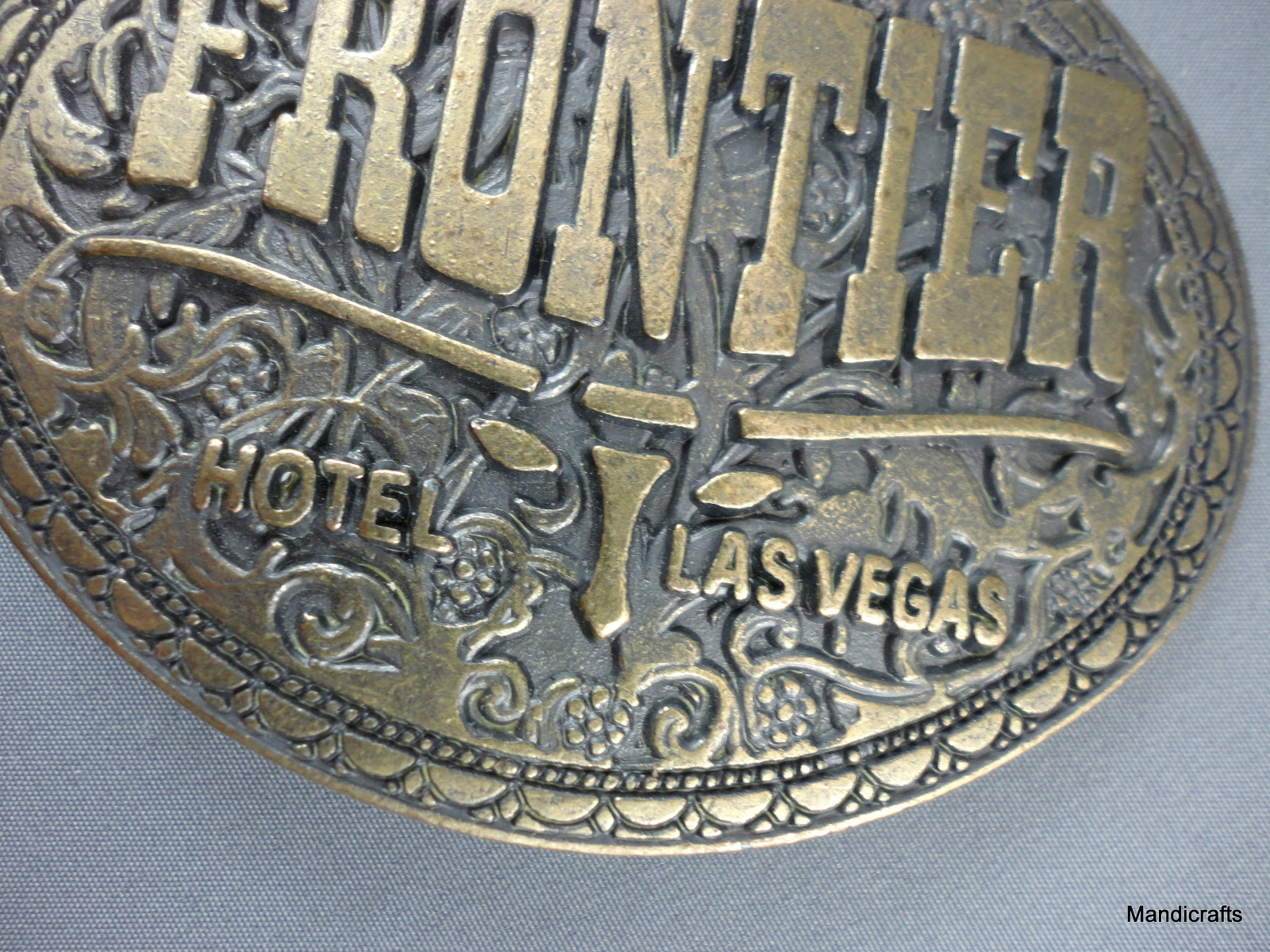 Belt Buckle Frontier Hotel Casino Las Vegas Brass Raised Steer Logo c1970s Vtg
