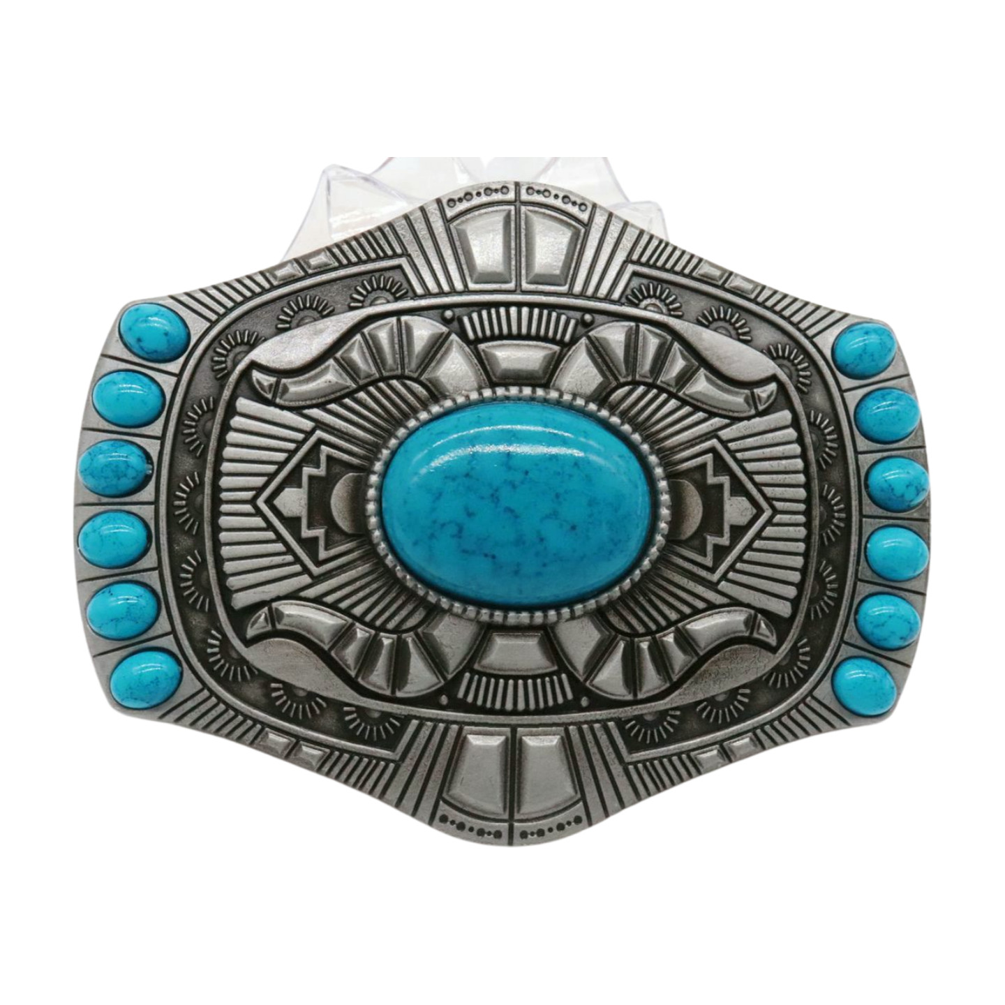 Men Silver Metal Buckle Aztec Western Style Turquoise Blue Beads Casual Day Wear
