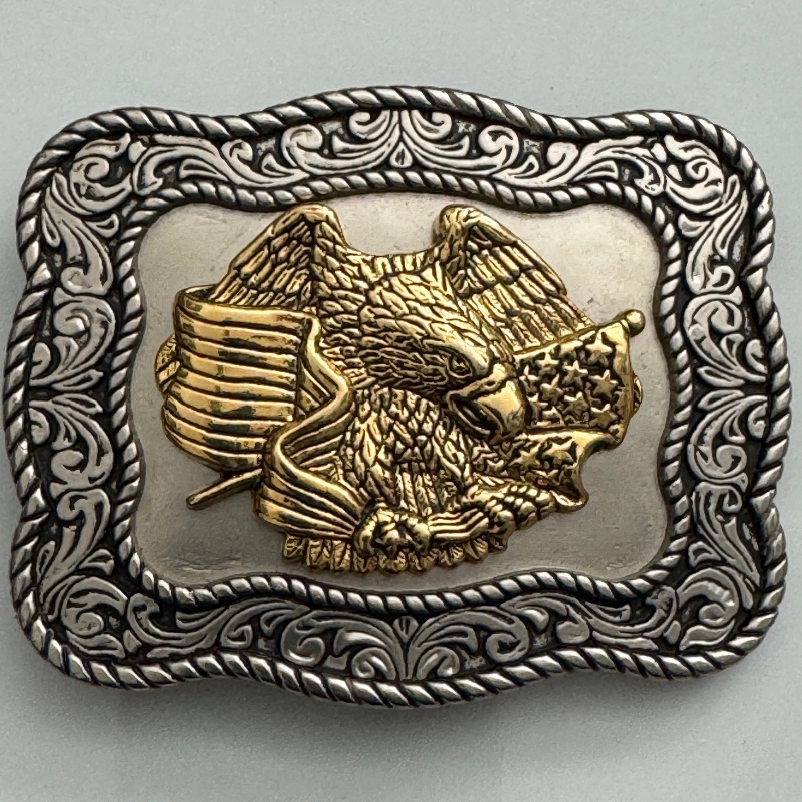 Western Eagle American Flag Belt Buckle Silver Gold Tone Metal Made in Mexico