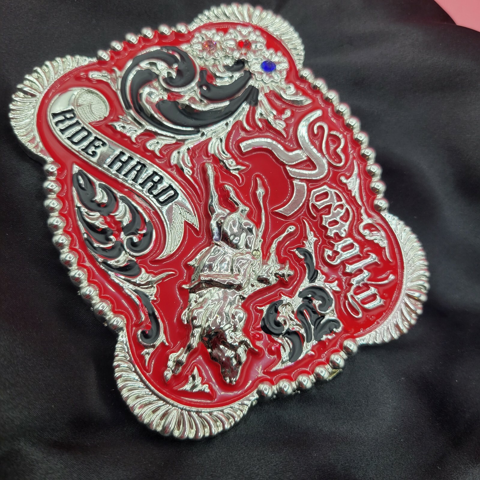 Western belt buckle 3.5×4 inches red and silver