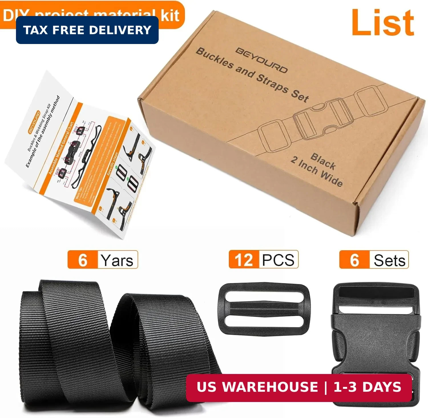 BEYOURD 2&Prime; Heavy-Duty Buckle & Straps Set: 6-Pack Side Release Plastic Buckles,