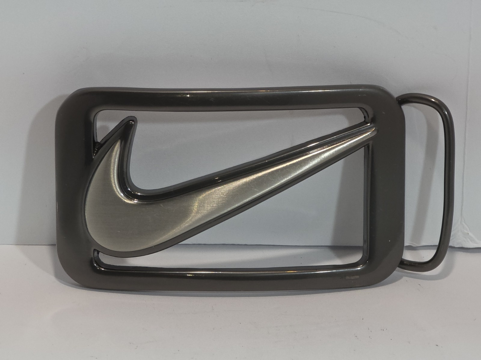 Nike Swoosh Cut Out Belt Buckle Used Silver Gray Appx 2&Prime; x 3.5&Prime;