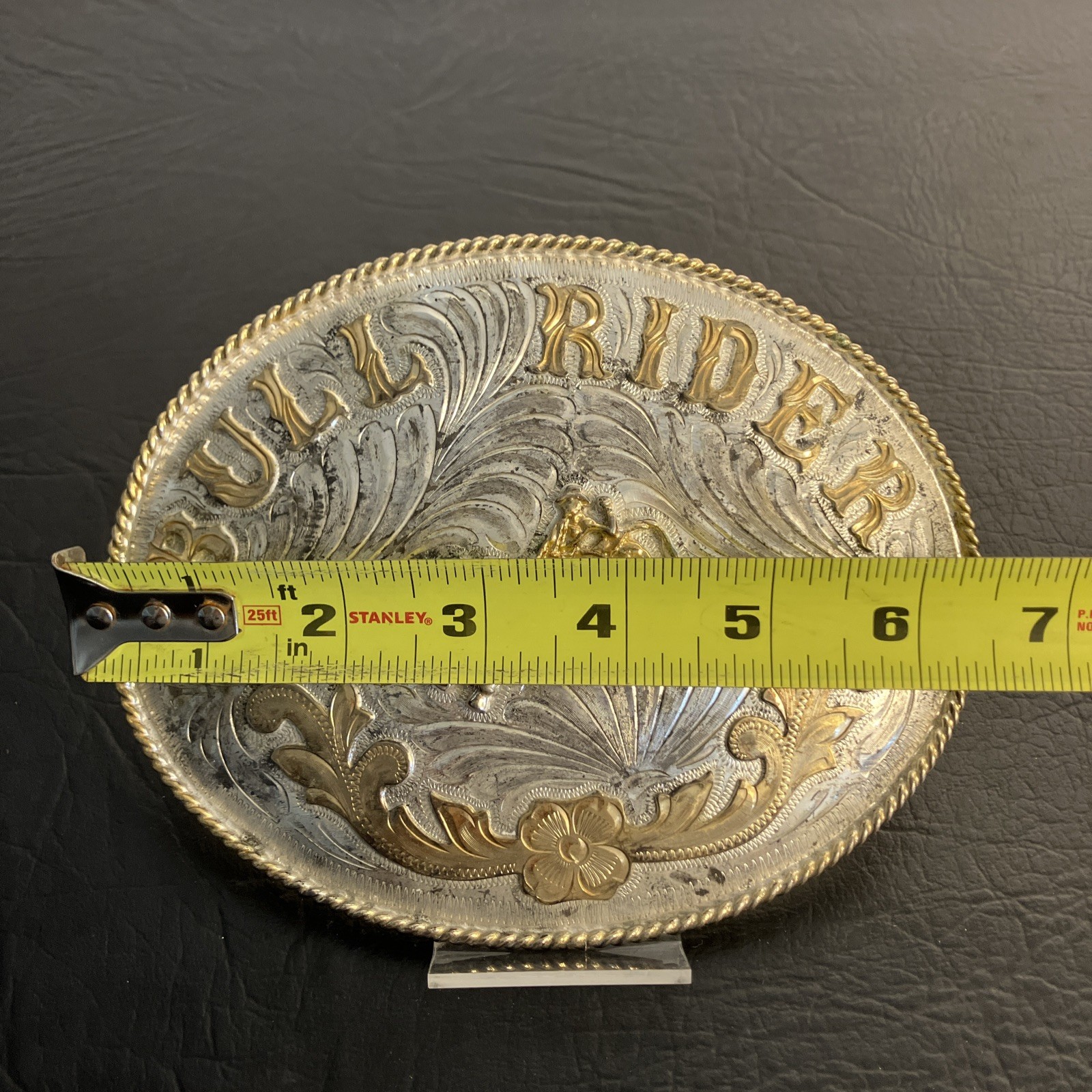 Vintage Silver & Gold OVERSIZED &lsquo;BULL RIDER&rsquo; BELT BUCKLE w/ Gold rope trim West