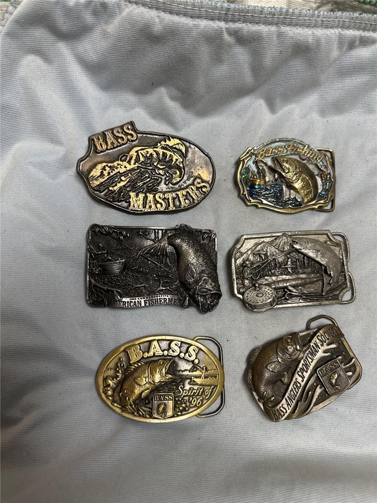 Six Vintage Fishing Belt Buckles Bass, etc.