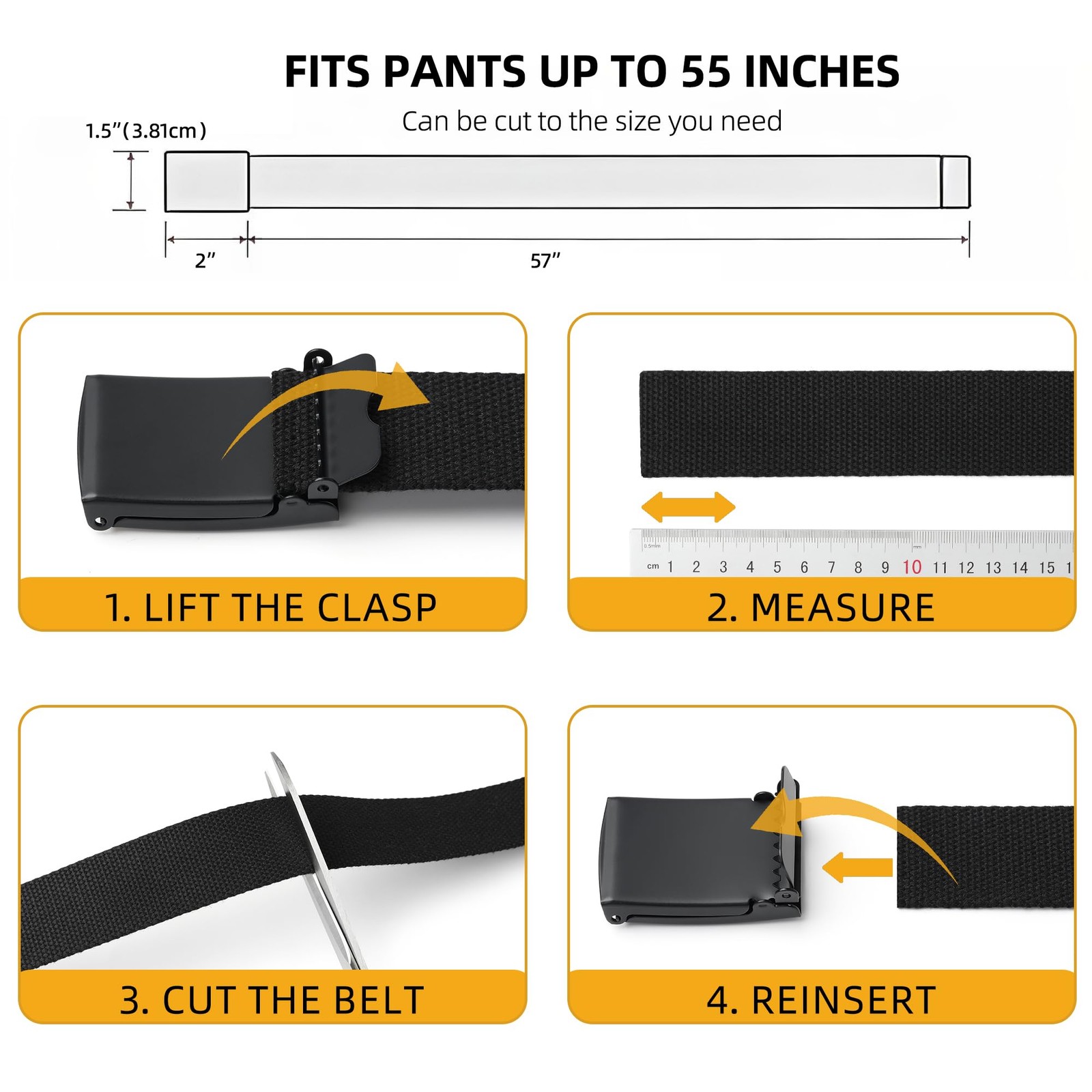 Mile High Life Cut To Fit Canvas Web Belt Size Up to 52&Prime; with 56&Prime;, Black-
