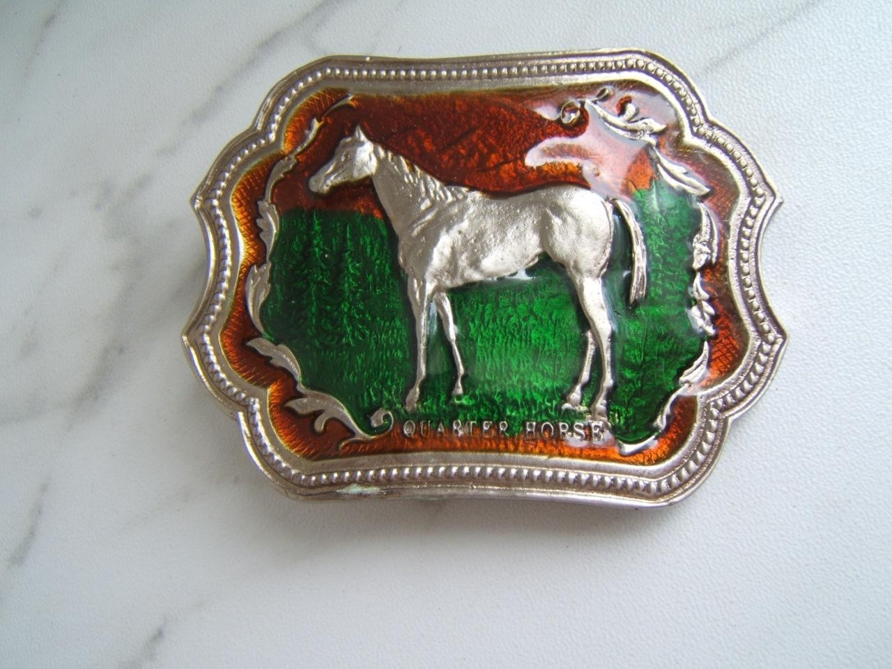 VINTAGE QUARTER HORSE ENAMEL BELT BUCKLE #2051