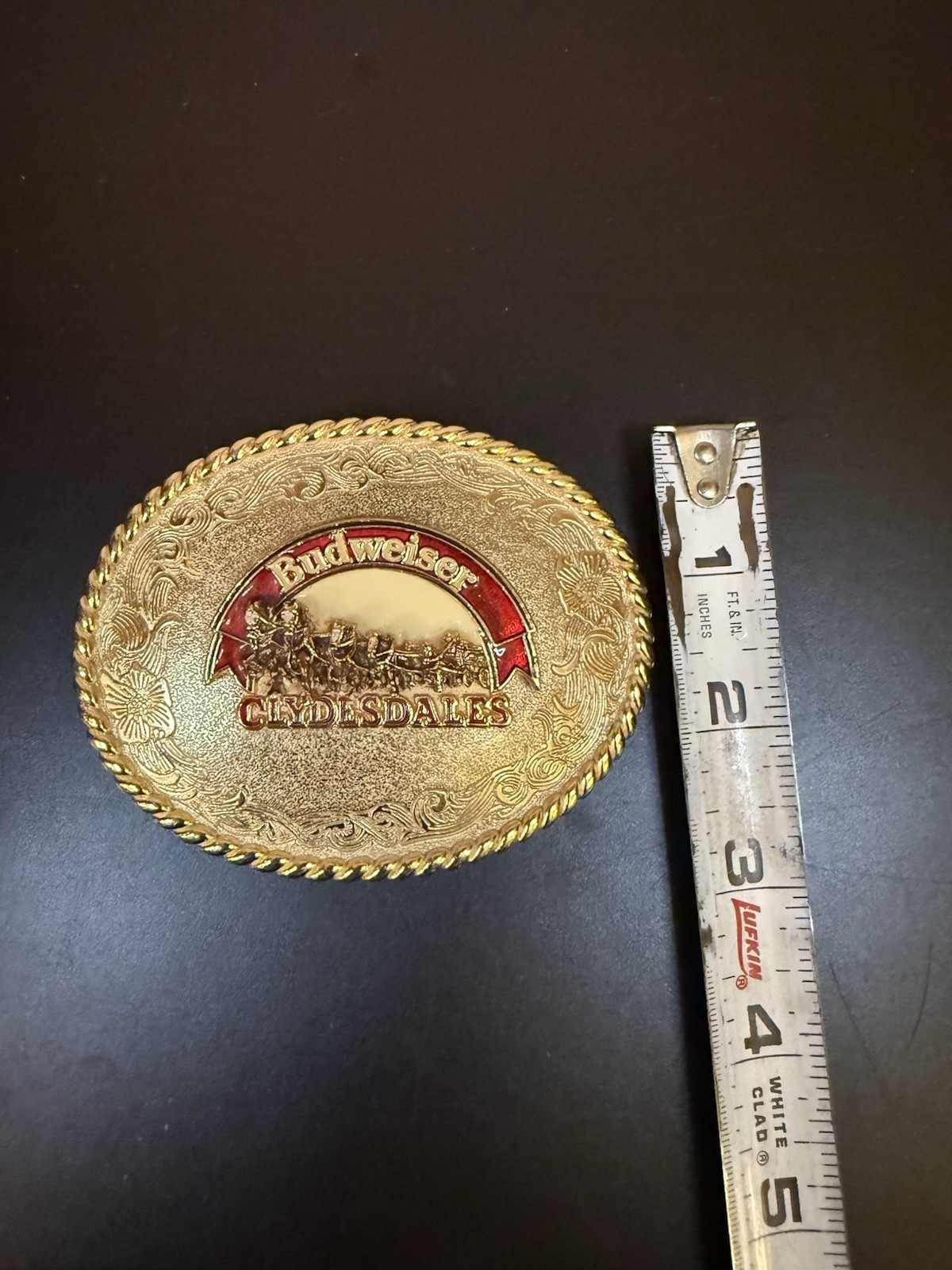 Vintage Collectible Budweiser Clydesdales Raintree Gold Tone Metal Belt Buckle