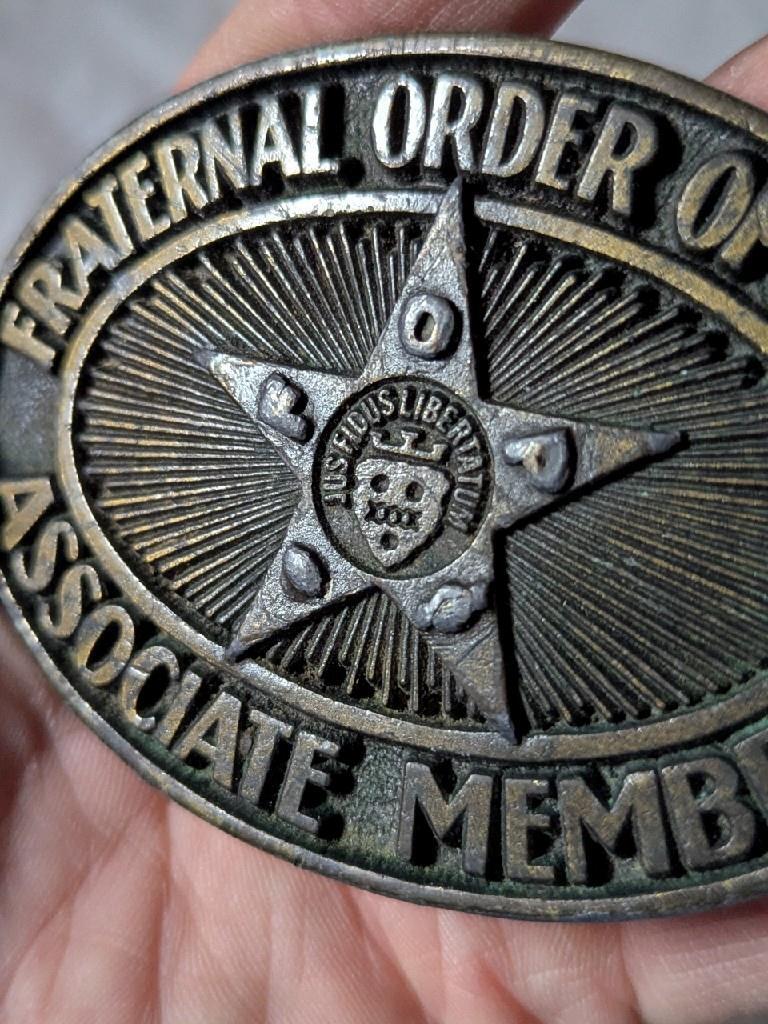 vintage 1970s fraternal order of police WESTERN belt buckle SOLID BRASS cownboy