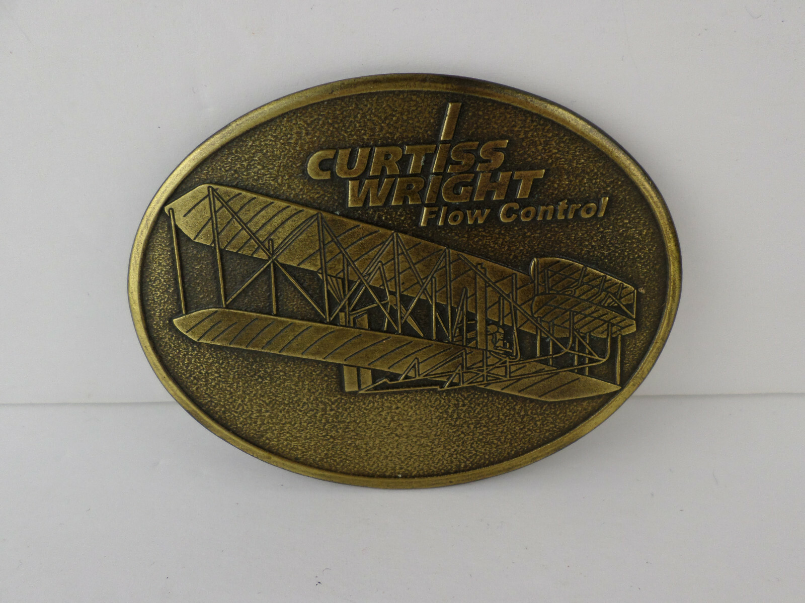 Curtiss Wright Flow Systems Bronze Airplane Belt Buckle Industrial Advertising
