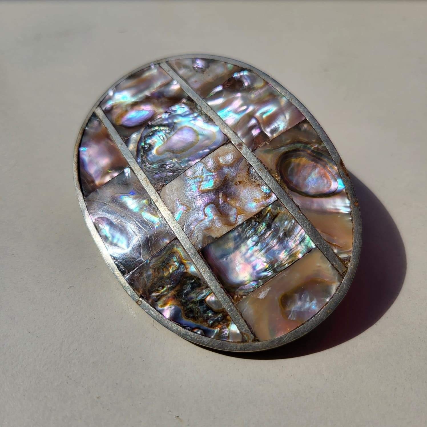 Vintage Alpaca Silver Abalone Shell Iridescent Mosaic Mexico Belt Buckle