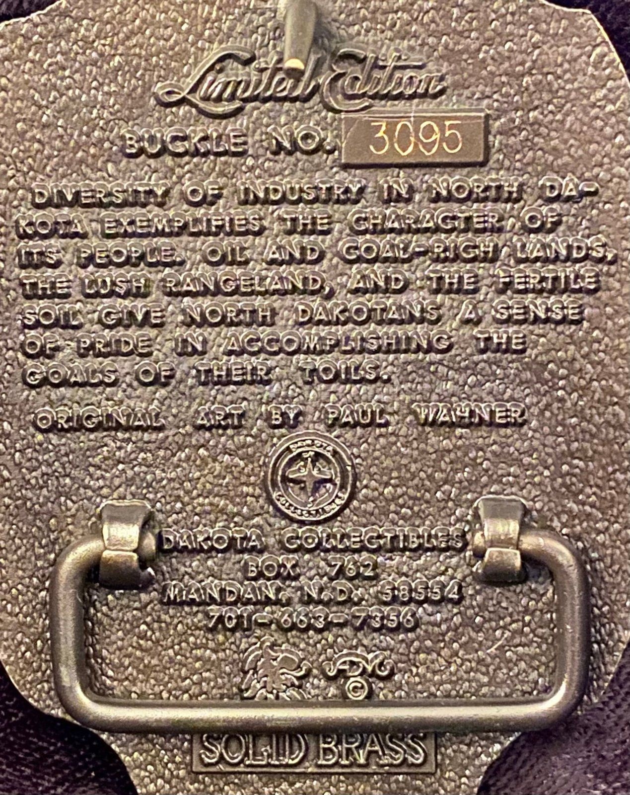 Vtg 80’s Brass Belt Buckle North Dakota Centennial Limited Edition # 3095