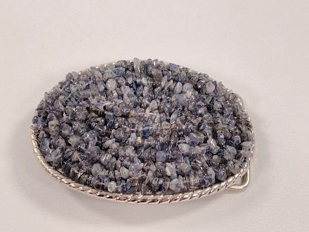 Handmade Oval Silver-Tone Belt Buckle with Iolite Gemstone Bead Inlay – Western