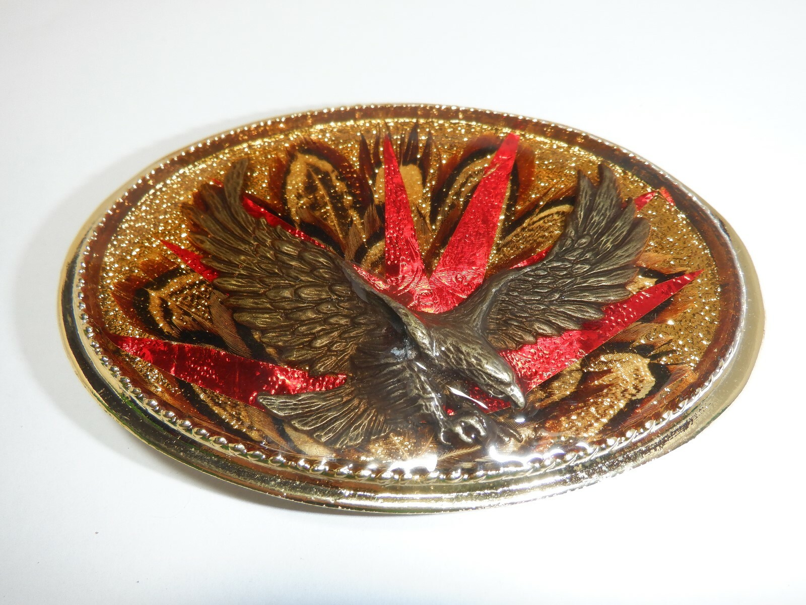 1980s EAGLE with REAL FEATHERS BELT BUCKLE MADE USA GOLD METAL RESIN VINTAGE #6