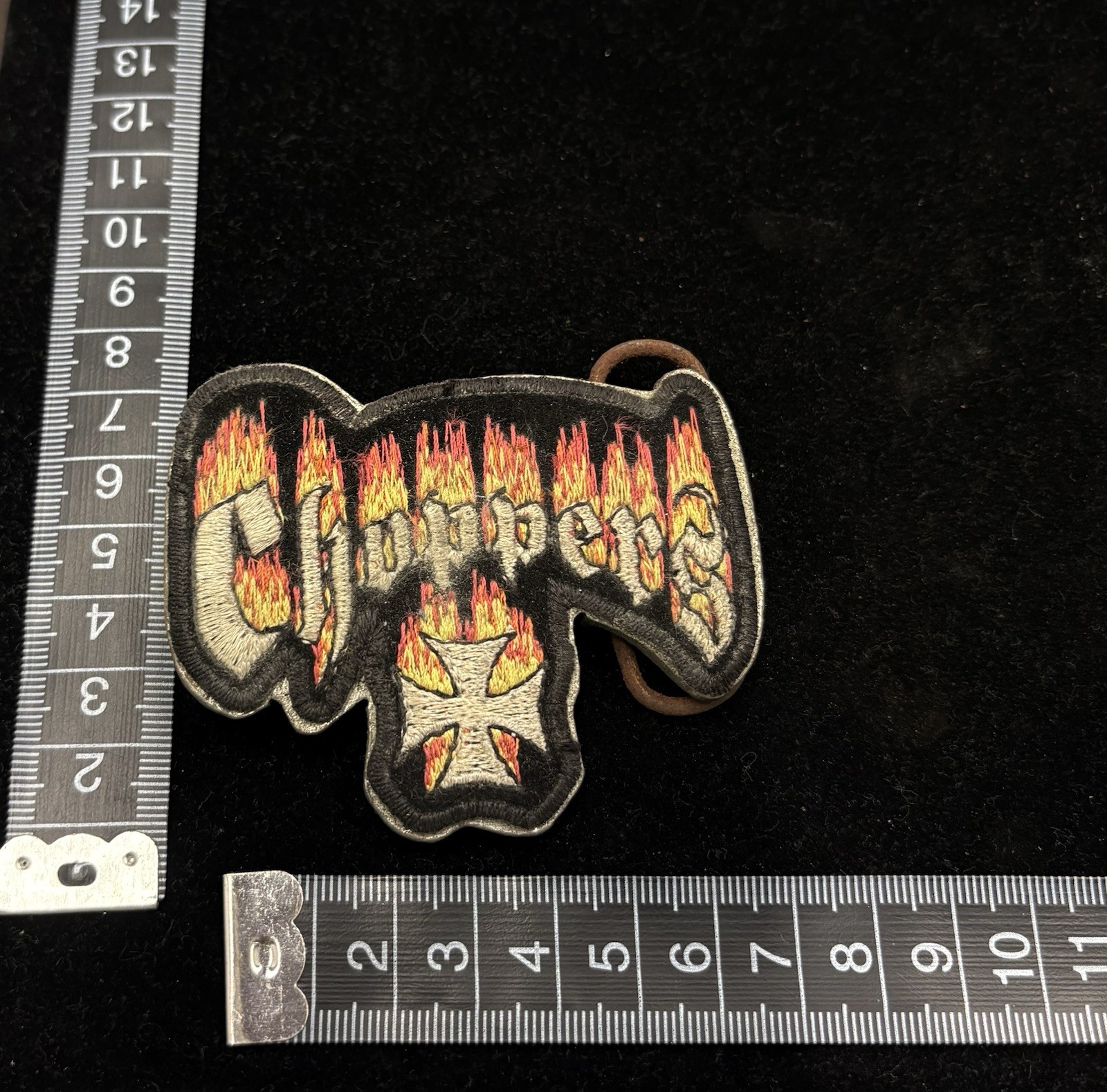 Vintage belt buckle embroidered “Choppers” Maltese cross with fire lettering