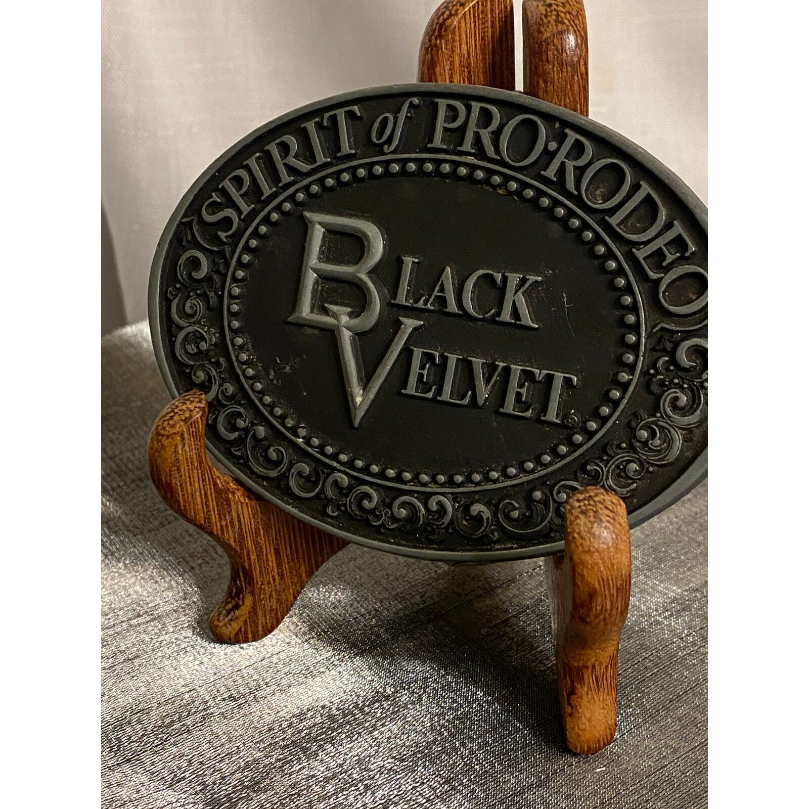 VTG Black Velvet Whisky Oval Belt Buckle Spirit of Pro-Rodeo 4 in X 2.75 in GUC