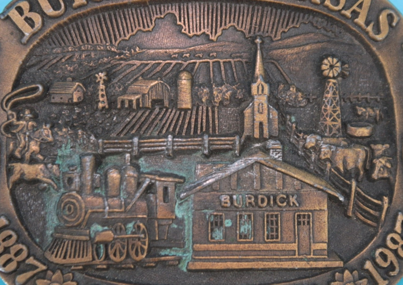 VTG 80s Burdick Kansas 1987 Centennial Commemorative Western Belt Buckle