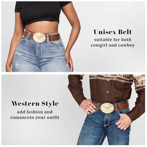 Cowboy Belts for Men Women, 35&Prime;-38&Prime; Wasit Adjustable Brown/Gold Bull Buckle