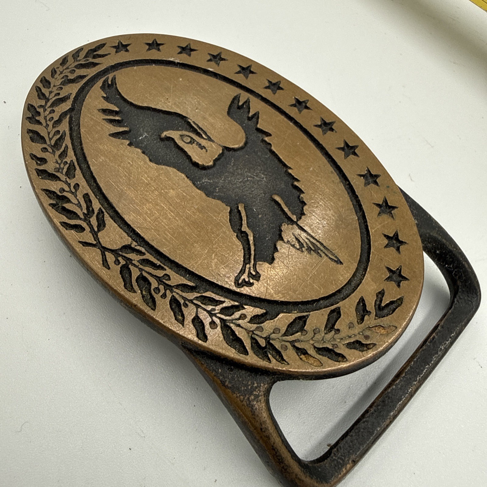 Cowboy Belt Buckle Brass Leather Bald Eagle Western Patriotic Mens 1970s Vintage