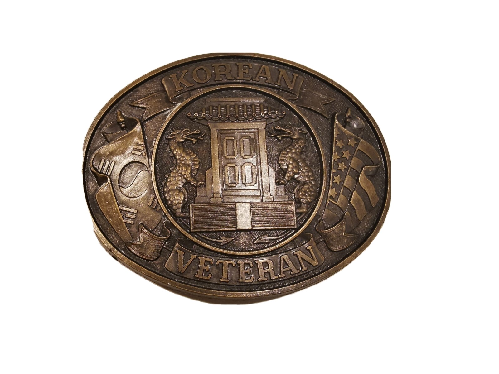 VTG Korean War Veteran Belt Buckle Dragons Flags USA Patriotic Cold War Temple