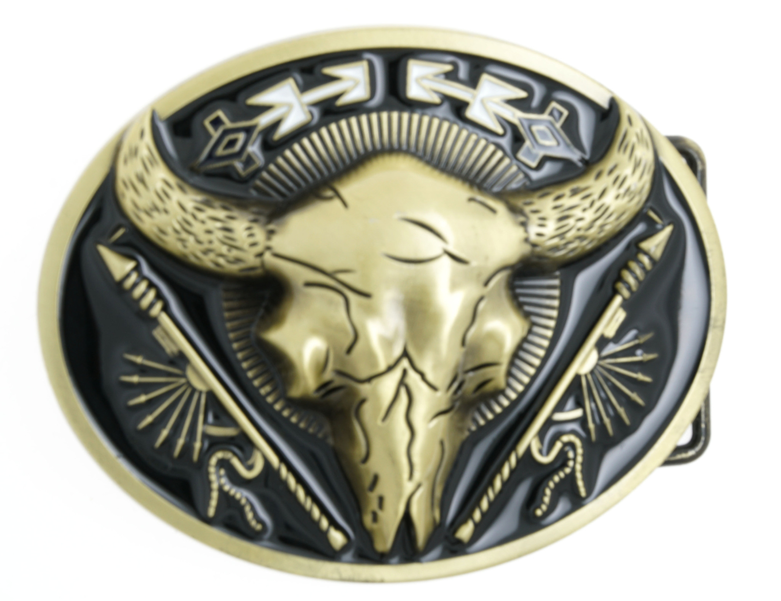 Native American Indian Buffalo Skull w/ Spears Bronze Black Enamel Belt Buckle