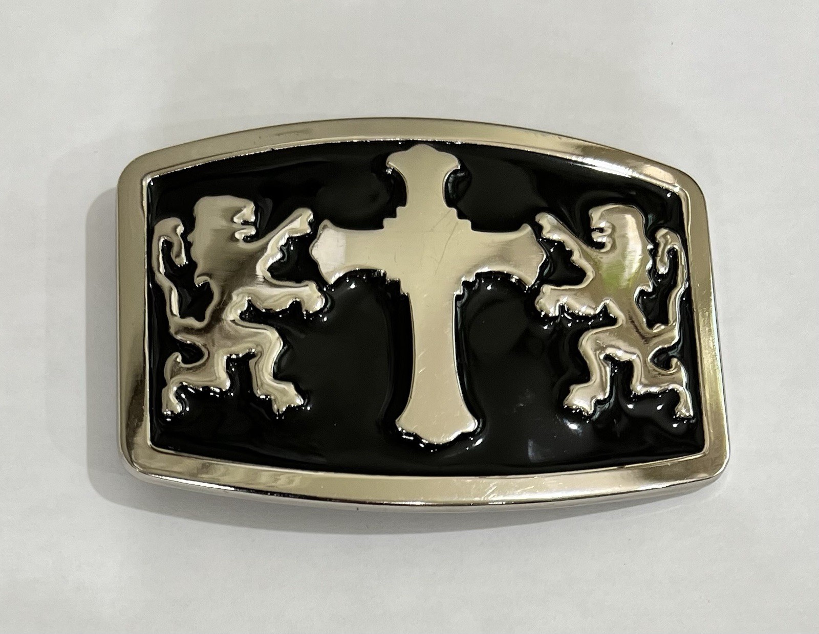 Mens Belt Buckle Black Silver With Double Lions and Cross 4×3” Vintage