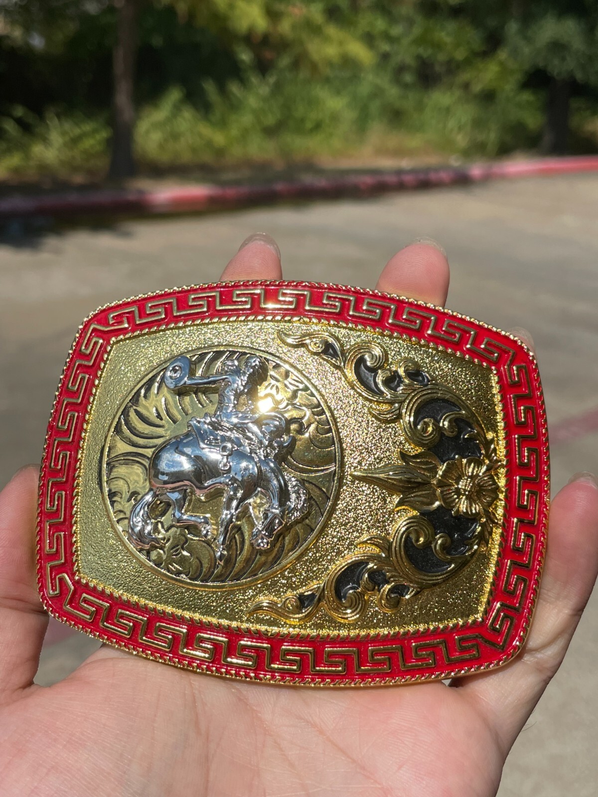 Western Buckle Gold Silver Red Horse Rider Cowboy Cloud Hebilla Vaquero Jinete