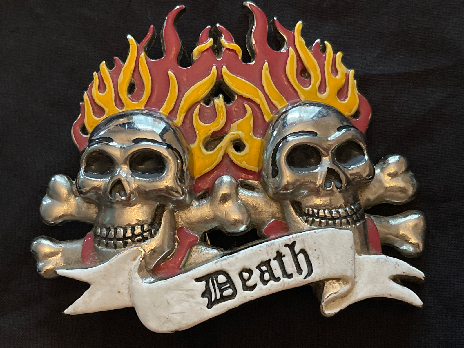Skulls And Crossbones With Red And Yellow Flames ‘DEATH’ Belt Buckle Biker Goth